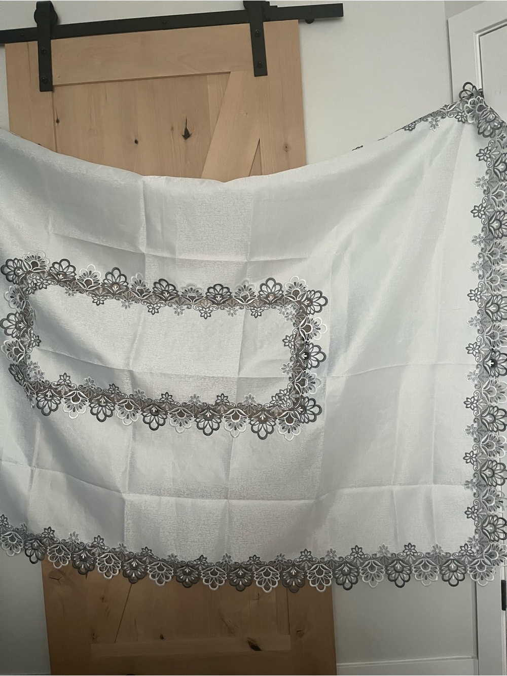 White Tablecloth with Gray Floral Lace Border